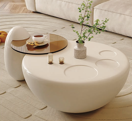 2-Piece Pebble-Shaped Nesting Coffee Table Set with Smoked Glass Top and Integrated Cup Holders