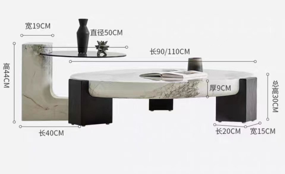 Two-Tier Rounded Stone Coffee Table with Raised Side Shelf