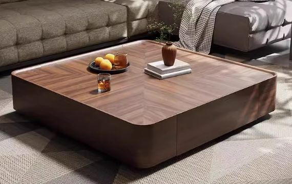Low Square Plinth Coffee Table with Chevron Walnut Veneer Top