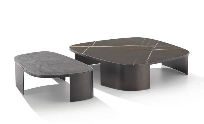 2-Piece Organic Pebble Nesting Coffee Table Set with Stone Tops and Brushed Bronze Bases