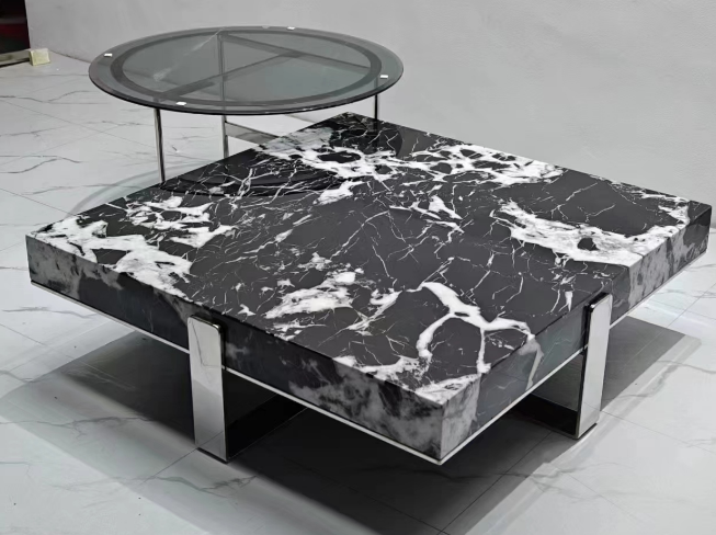 Square Black Veined Marble Coffee Table with Integrated Swivel Smoked Glass Side Tier