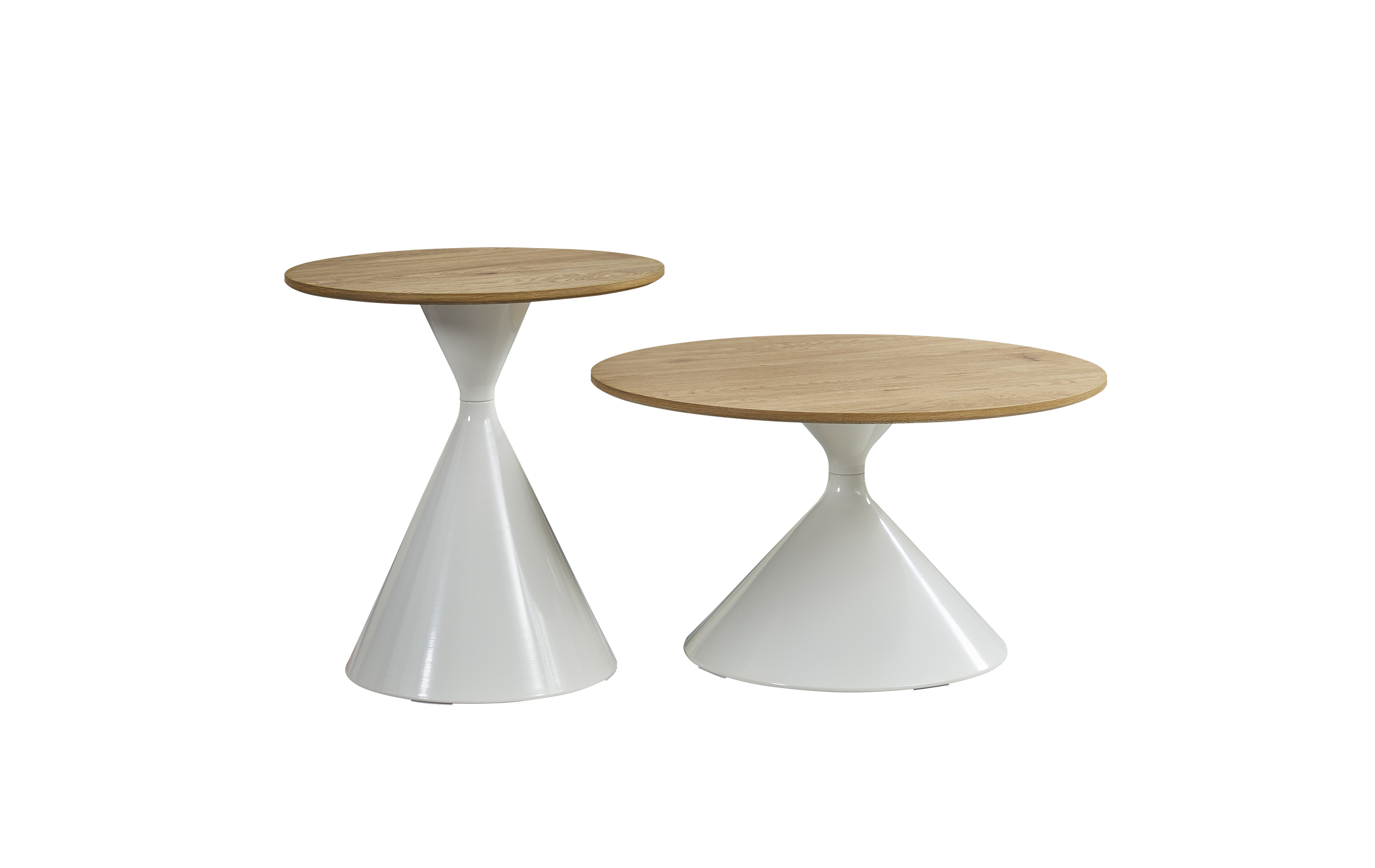 2-Piece Round Nesting Side Table Set, Oak-Effect Top with White Glossy Hourglass Pedestal Base