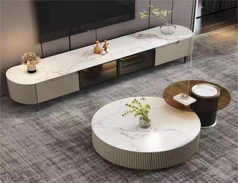 Modern Light Luxury Rounded End Fluted Base TV Media Console with Sintered Stone Top