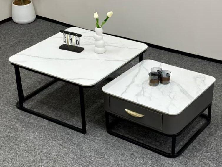 Modern Nesting Square Coffee Table Set with Storage Drawer