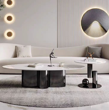 Contemporary Luxury Glossy White Sintered Stone Coffee Table Set with Dark Chrome Pedestal Bases