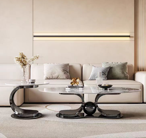 2-Piece Nesting Oval Coffee Table Set with Polished Black Metal Base