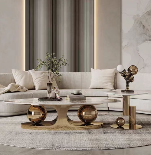 Modern Luxury Oval Sintered Stone Coffee Table with Polished Gold Dual Sphere Base