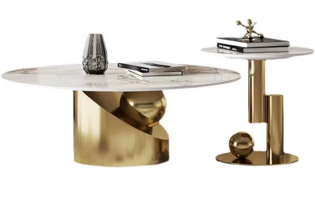 2-Piece Round Veined Marble Nesting Coffee Table Set with Polished Gold Sculptural Bases