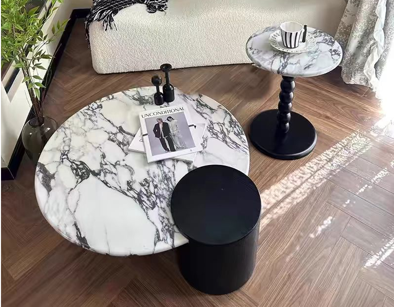 3-Piece Nesting Coffee Table Set, Irregular Pebble Faux Marble Top with Black Bases