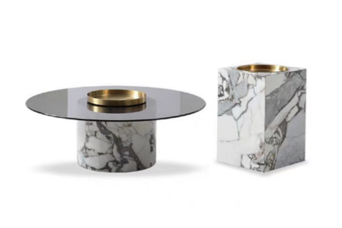 Modern Round Smoked Glass Coffee Table with Cylindrical Marble Base and Matching Square Marble Side Accent with Brass Trays