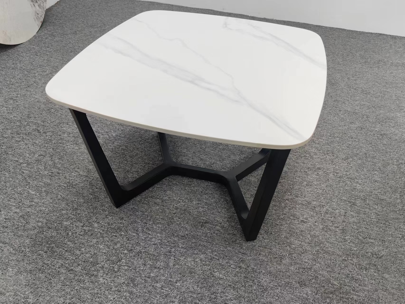 Rounded Square White Faux Marble Coffee Table with Black Geometric Metal Base