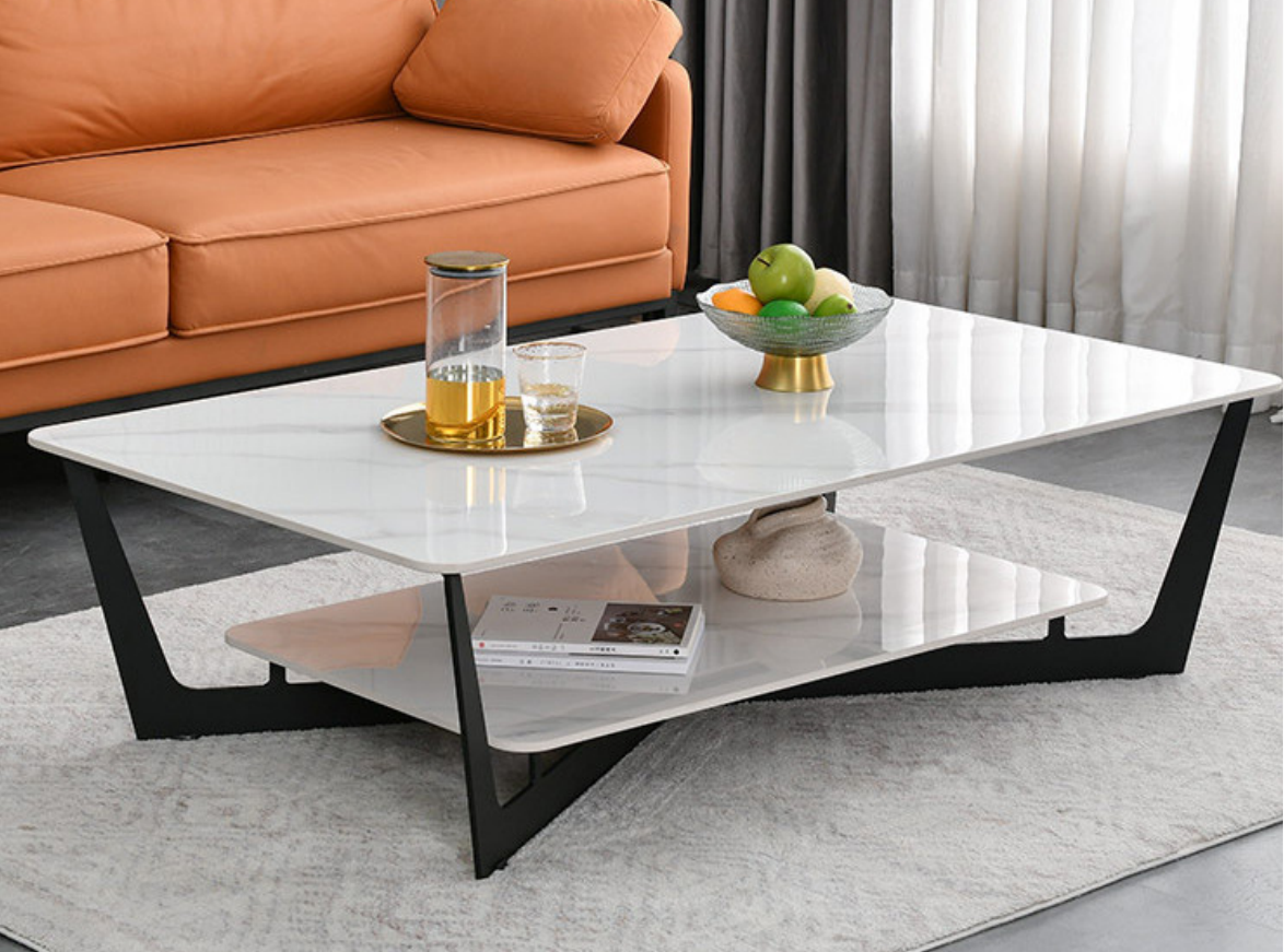 Two-Tier Rectangular Coffee Table with White Marble-Veined Top and Black Geometric Metal Frame