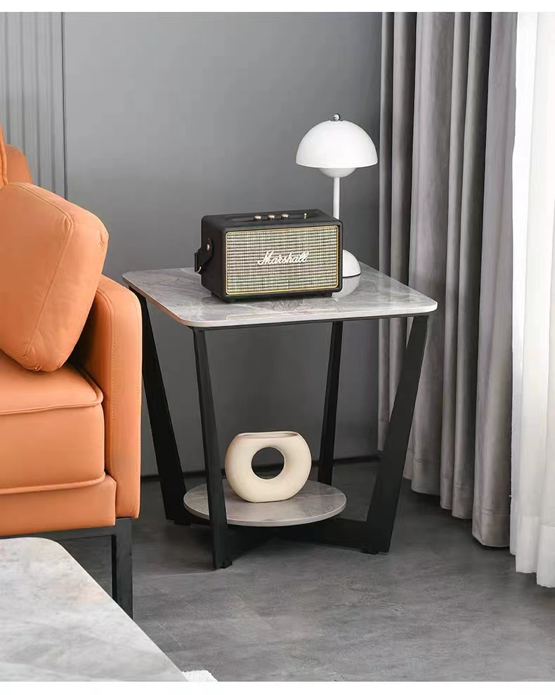 Two-Tier Stone Top Sofa Side End Table with Black Angled Metal Frame