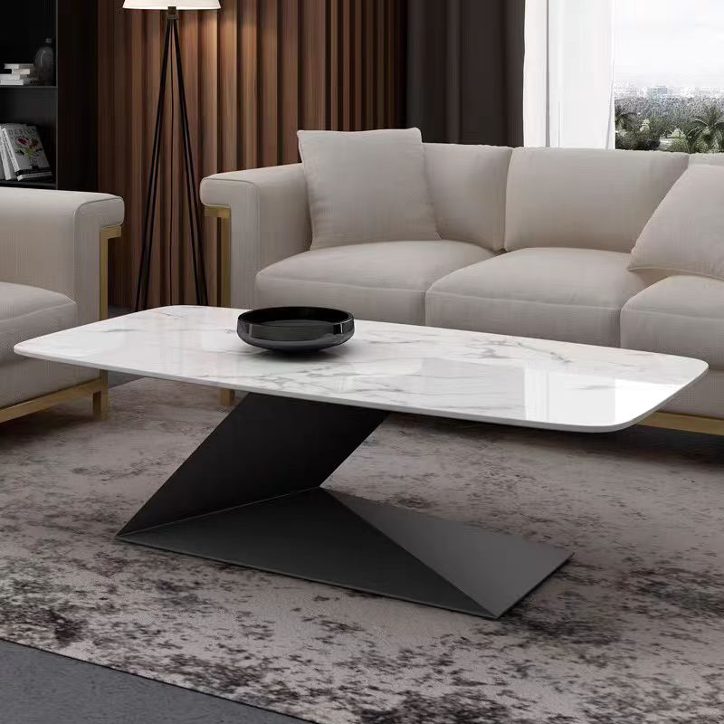 Contemporary White Marble-Veined Coffee Table with Geometric Black Metal Z-Base