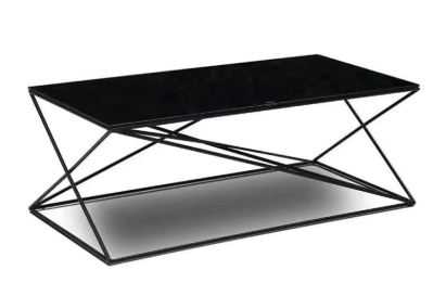 Two-Tier Rectangular Black Wire Frame Coffee Table with Mirrored Lower Shelf