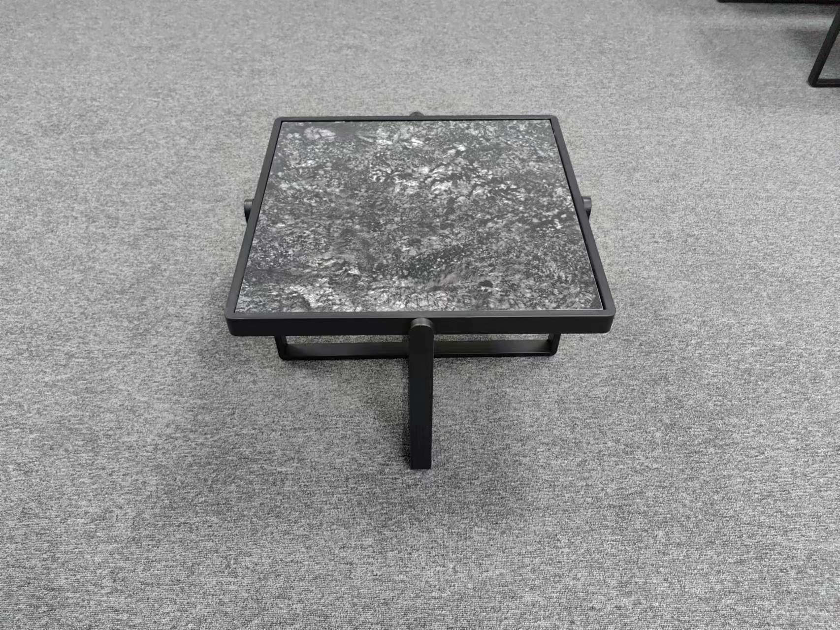Modern Square Low Coffee Table with Dark Marbled Stone Top and Black Metal Frame
