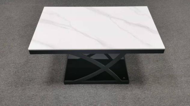 Square White Veined Coffee Table with Black Gloss X-Brace Pedestal Base