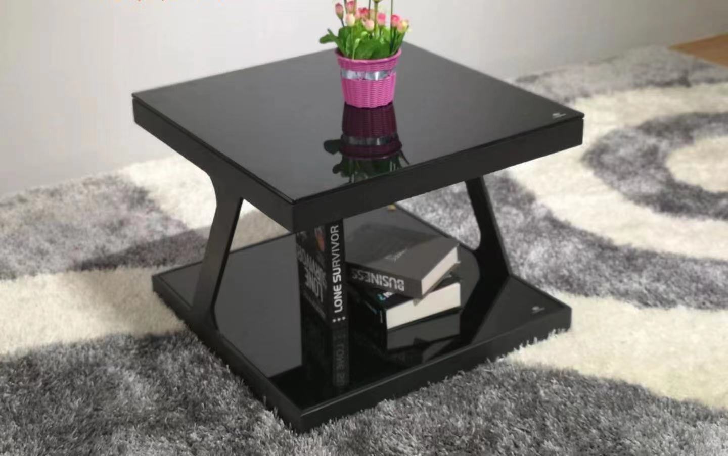 Square Two-Tier Black Glass Z-Frame Coffee Table