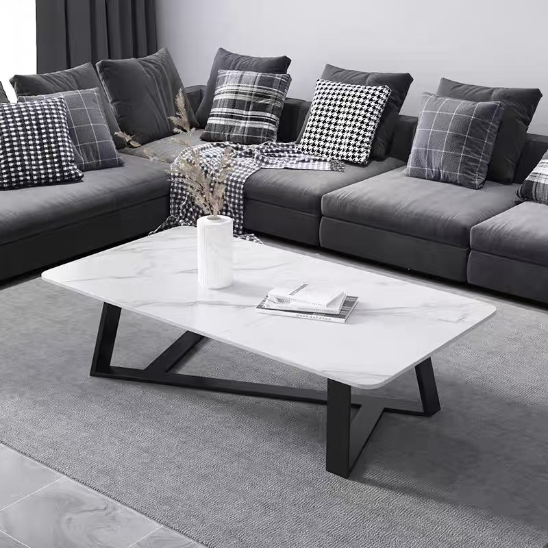 Rectangular White Faux Marble Coffee Table with Black Geometric Metal Base