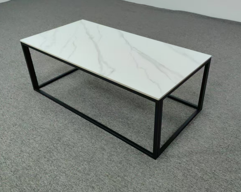Rectangular White Marble-Look Coffee Table with Open Black Metal Frame