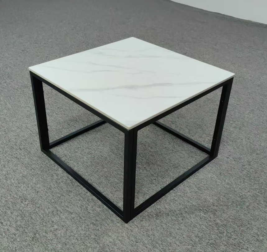 Modern Square White Marble-Veined Side Table with Open Black Metal Cube Frame