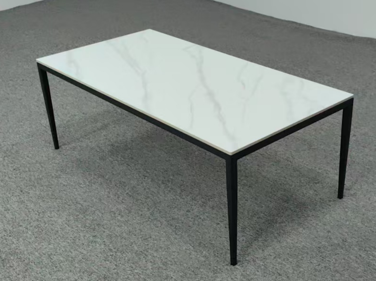 Minimalist Rectangular White Veined Stone Top Dining Table with Black Metal Legs