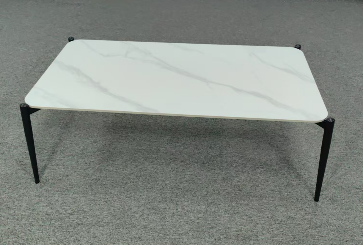 Minimalist Rectangular Rounded-Corner Faux Marble Coffee Table with Black Metal Legs