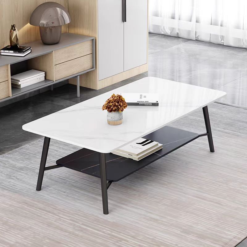Two-Tier Rectangular Coffee Table with Marble-Effect Top and Black Metal Legs