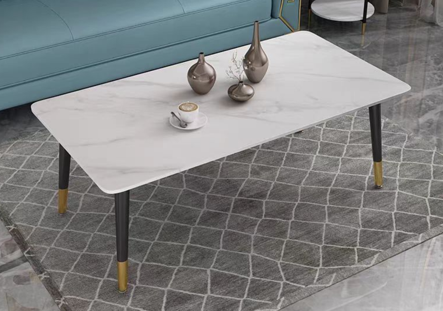 Rectangular Rounded-Corner White Marble-Effect Coffee Table with Black Tapered Legs and Brass Foot Caps