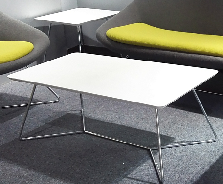 Square White Low Coffee Table with Polished Chrome Wire Sled Base