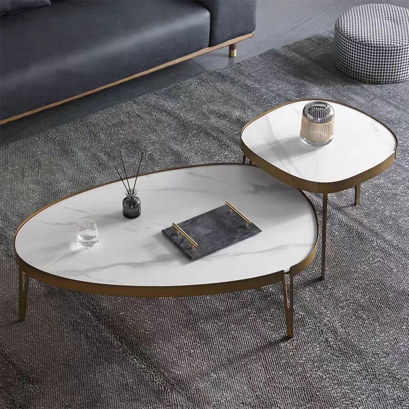 2-Piece Organic Pebble Nesting Coffee Table Set, White Marble-Veined Top with Antique Brass Metal Frame