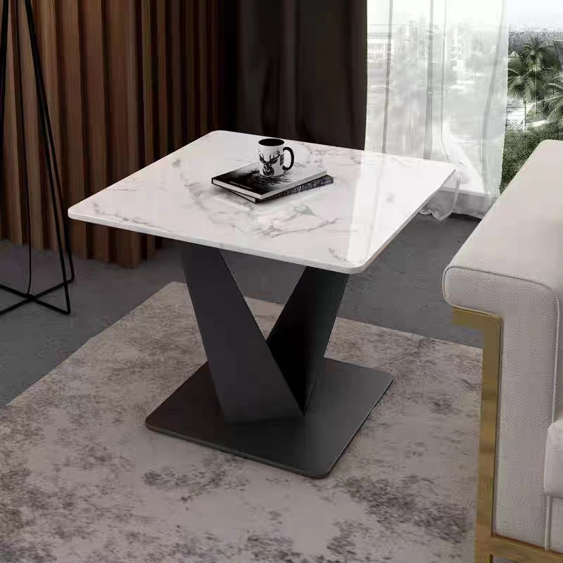 Modern Square White Marble Vein Side Table with Black V-Shaped Metal Pedestal