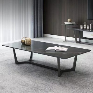 Minimalist Dark Rectangular Coffee Table with Sculptural Metal Base
