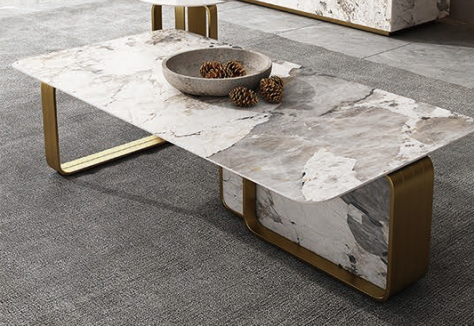 Modern Luxury Rectangular Pandora-Style Veined Stone Coffee Table with Brushed Gold Asymmetric Base
