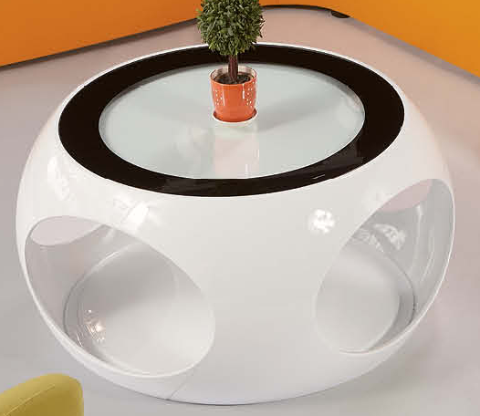 Modern Round High-Gloss Coffee Table with Frosted Glass Top and Recessed Side Storage Niches