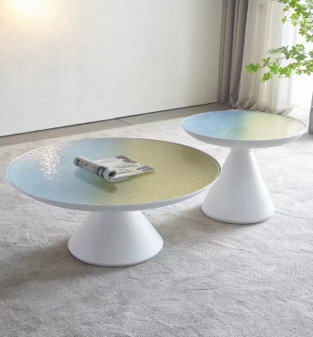 2-Piece Nesting Round Coffee Table Set with Gradient Textured Glass Tops and White Pedestal Bases