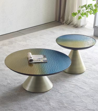 2-Piece Round Gradient Textured Glass Nesting Coffee Table Set with Brushed Brass Conical Pedestal Bases