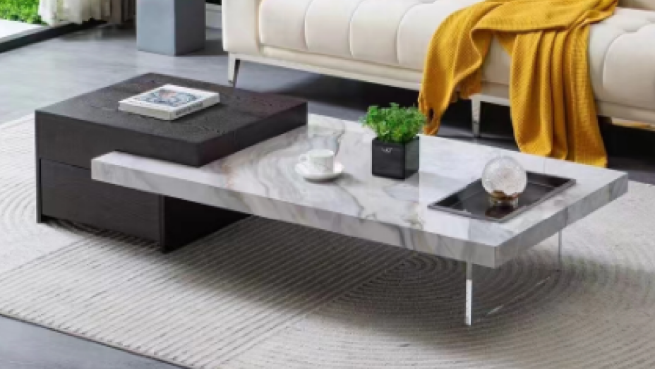 Two-Tier Extendable Coffee Table with Marble Top and Storage Base