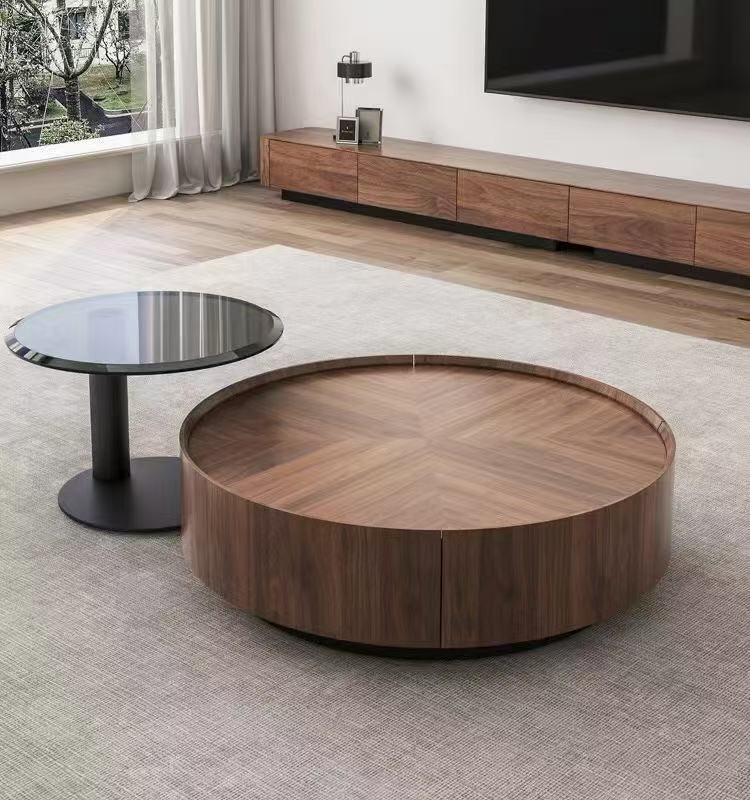 Walnut Veneer Round Storage Coffee Table with Smoked Glass Side Accent Table Set