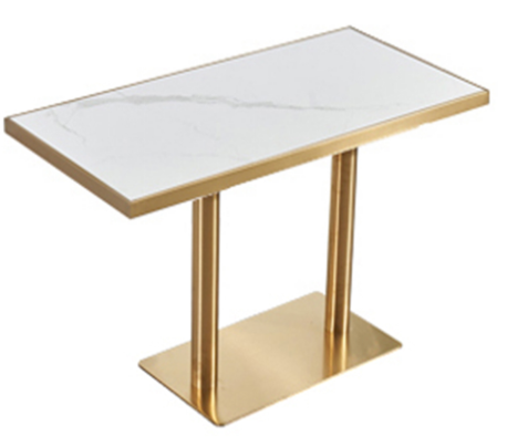 C-shaped cantilever slide-under sofa side table with gold frame and white marble-look top