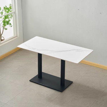 Minimalist Rectangular White Veined Dining Table with Twin Black Metal Pedestal Base