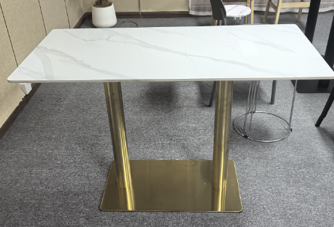 White Marble-Patterned Dining Table With Polished Gold T-Shaped Base