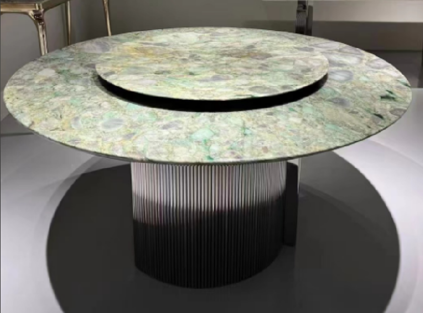 Round Natural Stone Dining Table with Rotating Center Lazy Susan and Fluted Cylindrical Base