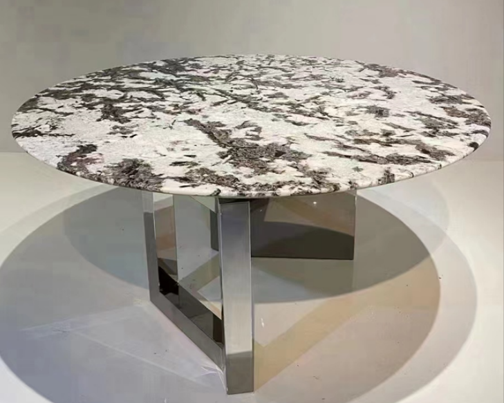 Modern Round Polished Natural Stone Dining Table with Geometric Stainless Steel Pedestal Base