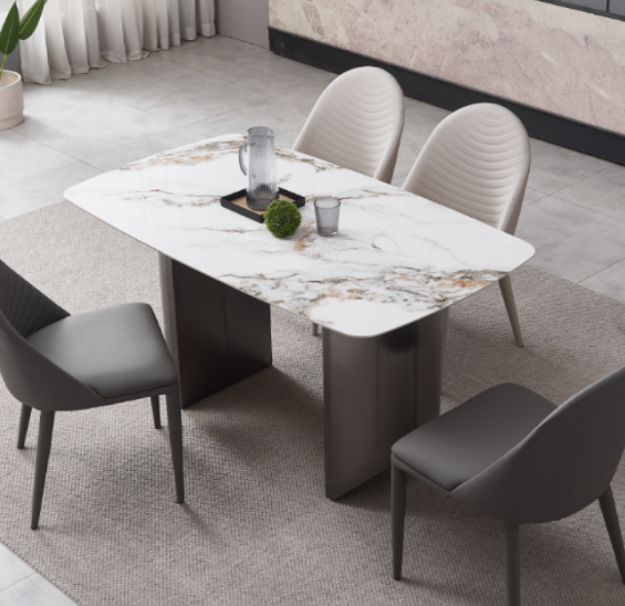 Modern Rectangular Veined Sintered Stone Double Pedestal Dining Table