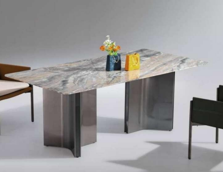 Rectangular Natural Marble Top Dining Table with Stainless Steel Panel Bases
