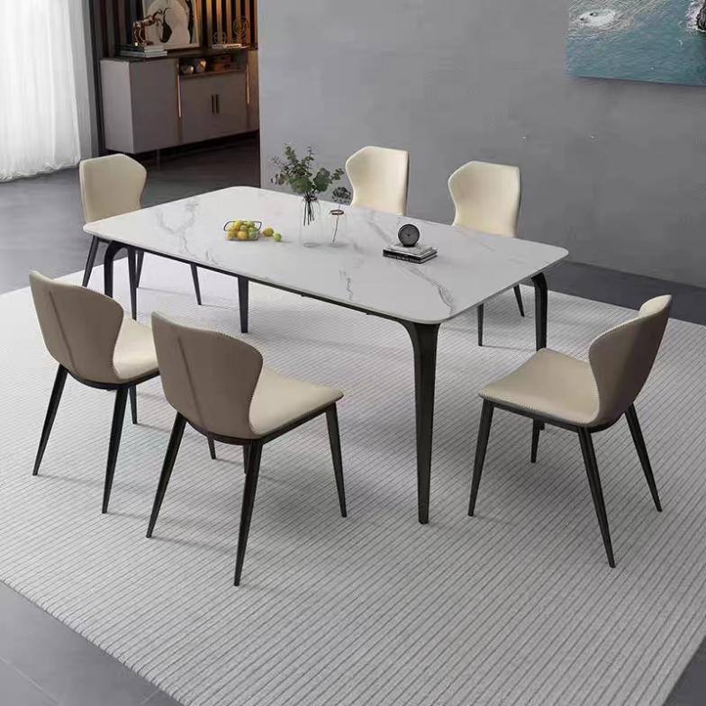 Modern Rectangular 6-Seater Marble-Veined Dining Table with Black Tapered Legs
