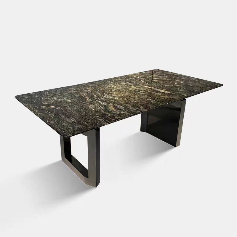 Polished Dark Veined Natural Stone Rectangular Dining Table with Dual Open U-Shaped Black Metal Pedestal Bases