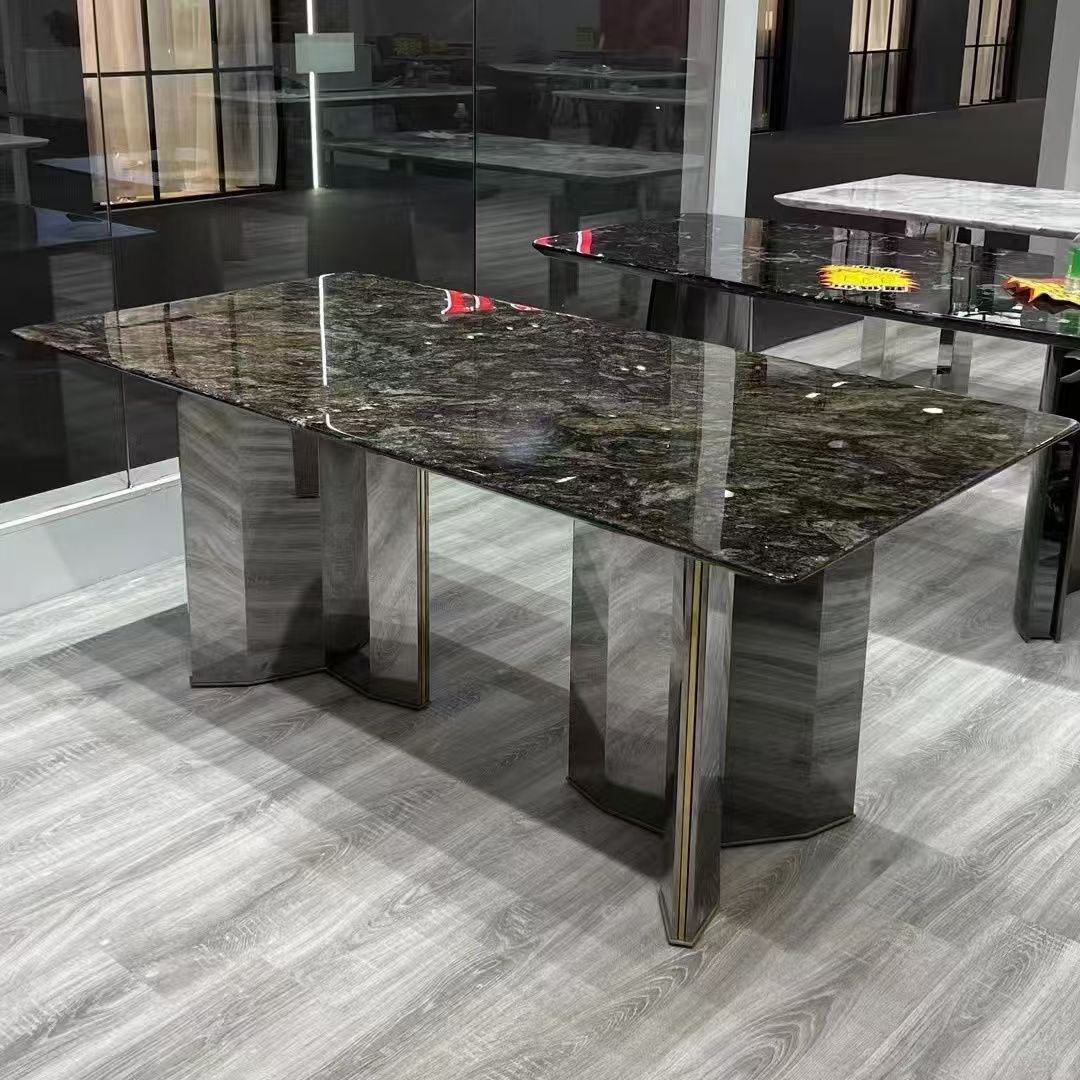 Luxury Rectangular Polished Dark Green Veined Marble Double Pedestal Dining Table