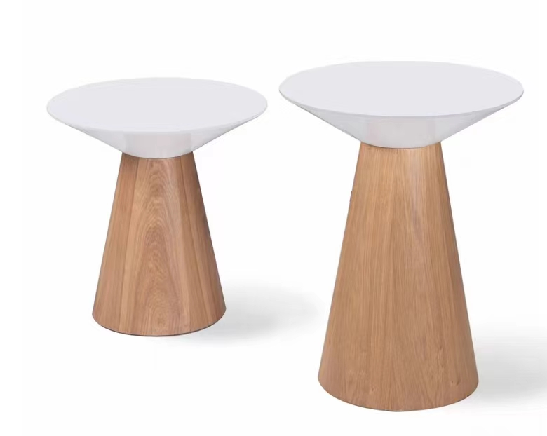 2-Piece Round Nesting Side End Tables with Glossy White Top and Light Oak Conical Pedestal